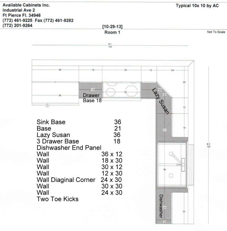 A 10X10 Kitchen Cabinet diagram to show how Available Cabinets price a job.